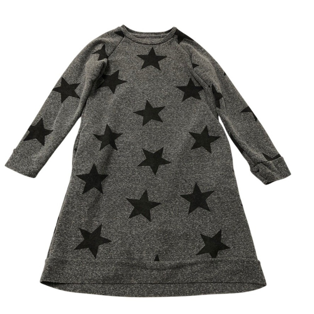 Nununu Sweatshirt Dress Girls 6-7Y Kids Gray Black Star Print Raglan Pockets